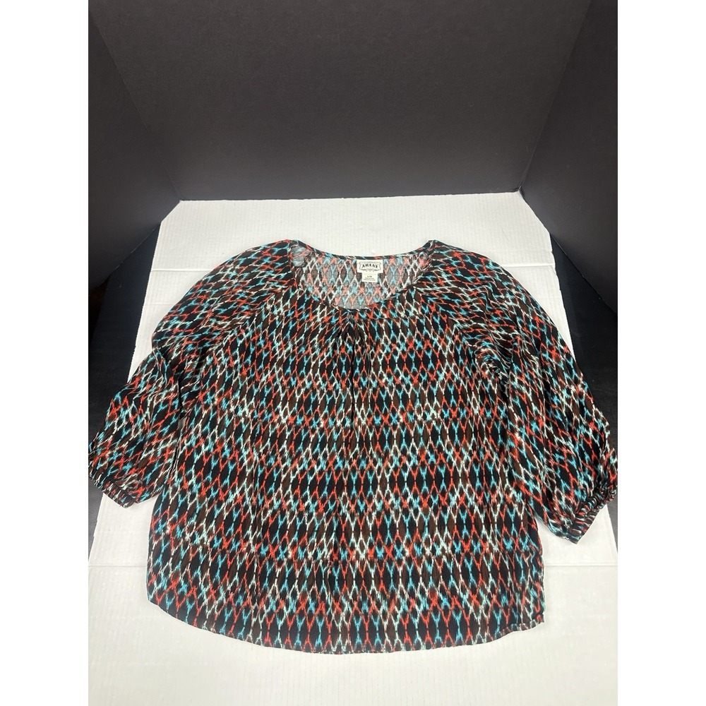 Ariat Women's Sz. Lrg Blouse Orange Blue Black 3/4 Sleeve Scoop Neck Western